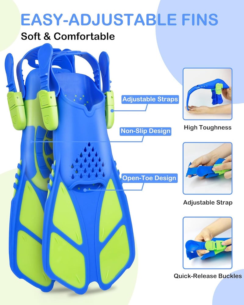 FosDero Kids Snorkel Set Mask Fins-Panoramic Snorkel Mask+Dry Top Snorkel+Adjustable Swim Fins+Mesh Bag+Earplugs for Boys Girls, Junior Snorkeling Gear for Kids Ages 5-14 - Image 5